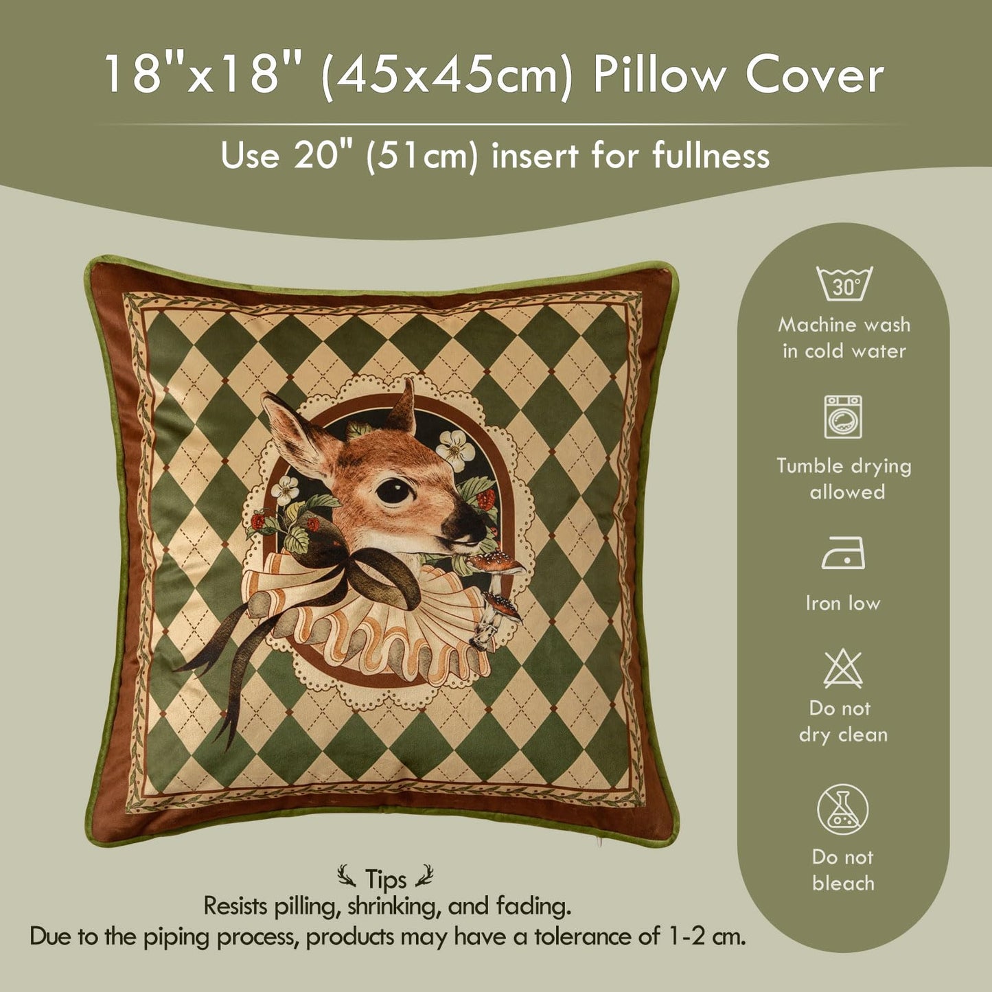 Livebee Deer Checkered Pillow Cover Decorations, Velvet Euro Sham Covers Decorative Throw Pillow Covers 18x18 for Couch Sofa Bed Living Room, Deer Green