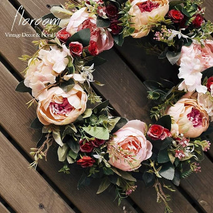Floroom Floral Wreath, Artificial Peony Wreath, 15"-16" Front Door Decorations Wall Decor