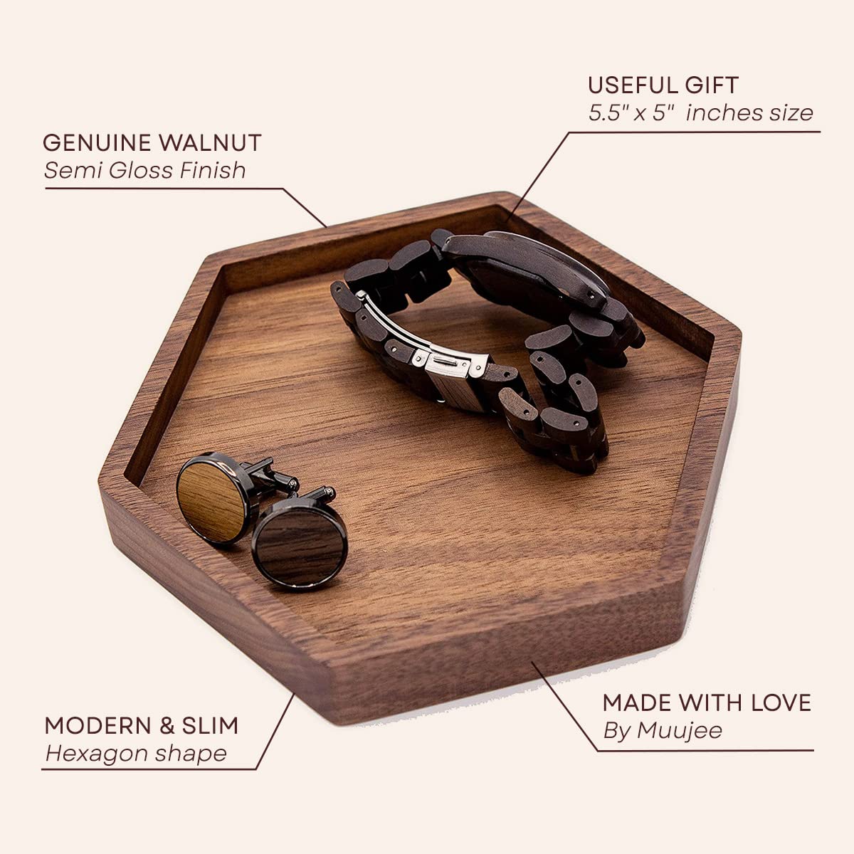 Hexagon Wood Ring Dish - Everyday Catchall Trinket EDC Tray for Men Women, Store Your Watches Cufflinks Rings Earrings Keys Coins, Father's Day for Husband Dad Son (Blank)