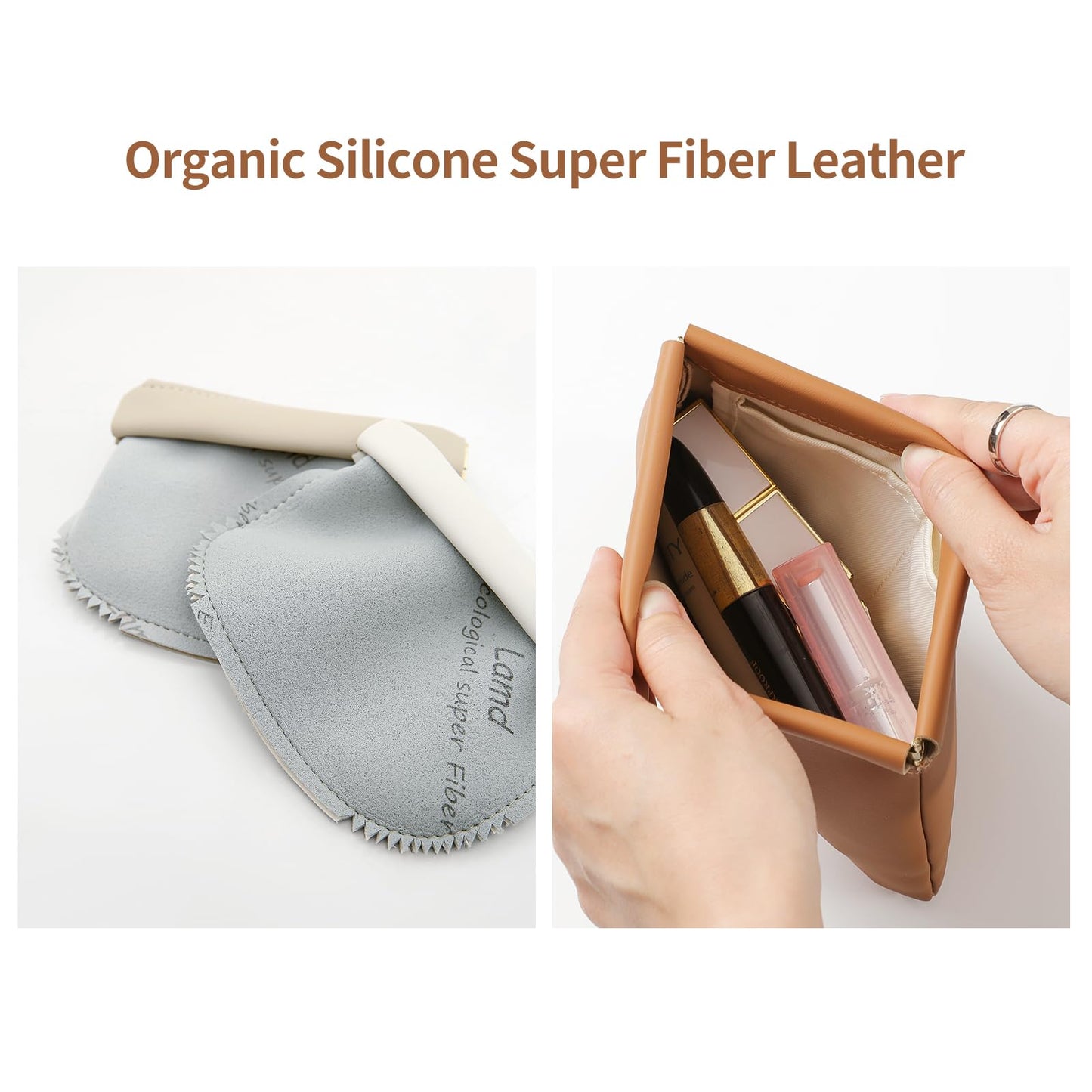 MEIBOOCH 2 Pack Small Makeup Bag for Women, New Organosilicon Super Fiber PU Leather Mini Cosmetic Bag for Travel, Coin Purse Organizer Storage Pouch (Brown)