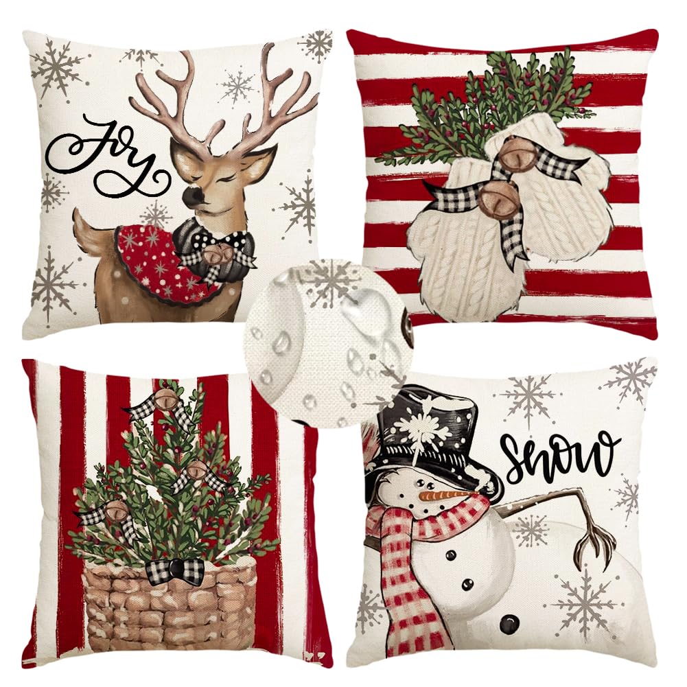 RABUSOFA Christmas Pillow Covers 18x18 Inch Set of 4 Indoor Outdoor Waterproof Snowman Reindeer Gloves Eucalyptus Winter Holiday Stripes Cushion Case Christmas Decoration for Couch Red