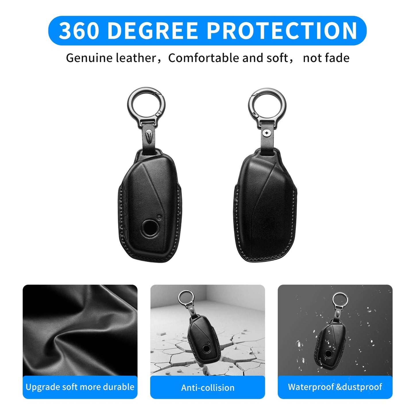 CLCWYSK For BMW Key fob Cover with Keychain, Genuine Leather Car Key Case Full Protection Compatible with BMW 2023-2025~up New 5/7 Series 740i 760i X1 X2 X3 X5 X6 X7 XM IX IX3 I5 I7 etc