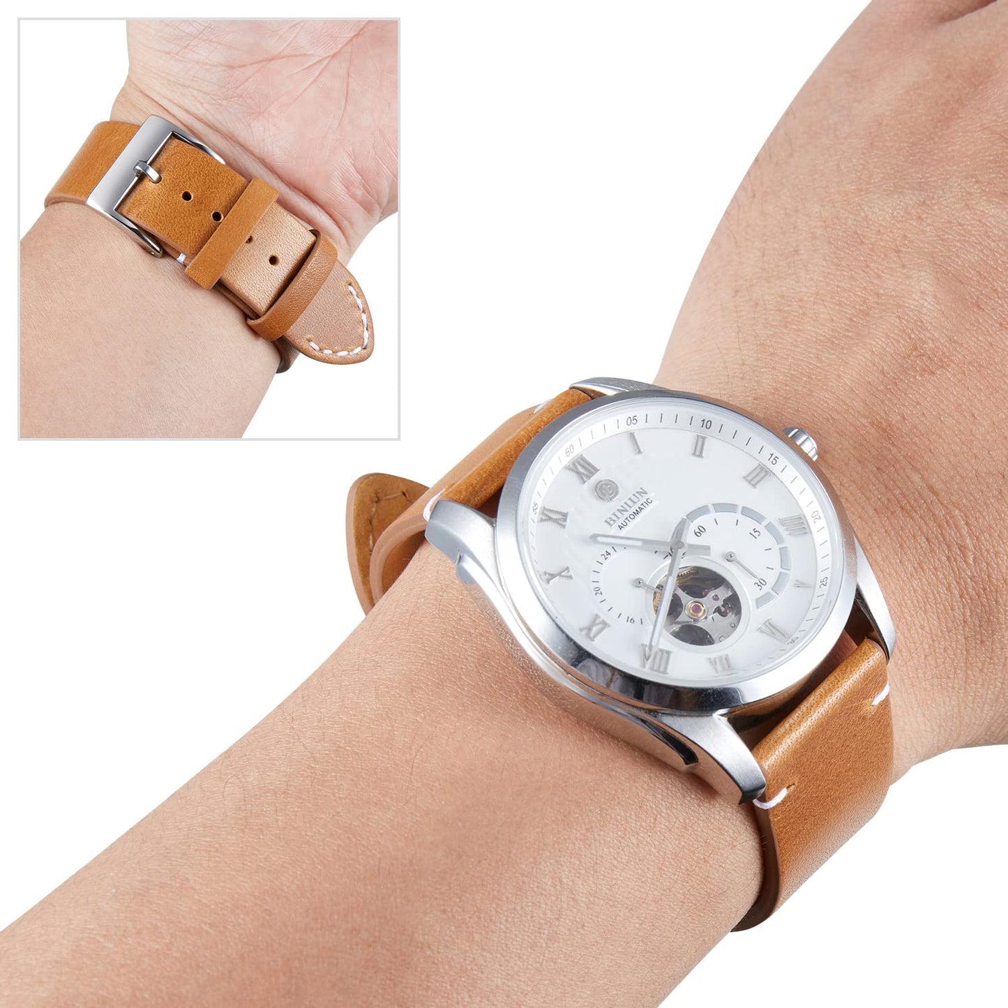 BINLUN Leather Watch Band Replacement Quick Release Genuine Leather Watch Straps 12mm 14mm 16mm 18mm 20mm 22mm or 24mm for Men and Women Black/Brown/Light Brown/Orange (Light Brown, 14mm)