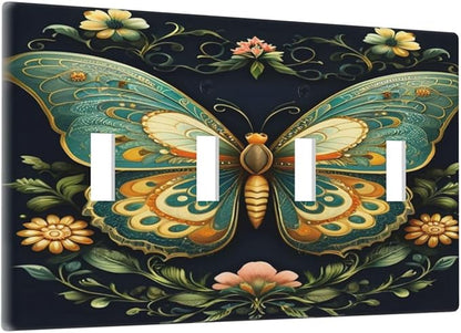 Butterfly Ornate with Flower Light Switch Covers Quad Toggle 4 Gang Wall Plate Decorative Switchplate Electrical Faceplate for Farmhouse Bathroom Living Decor