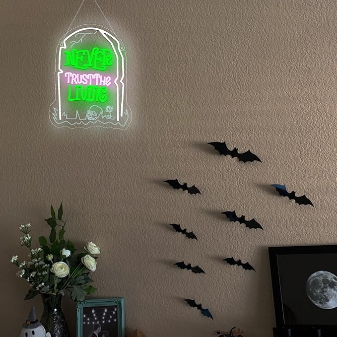 Never Trust The Living Neon Sign Halloween LED Sign for Window Dimmable USB Powered Tombstone Light for Wall Decor Light Up Halloween Signs for Room Bar Secrets Spooky House Decor