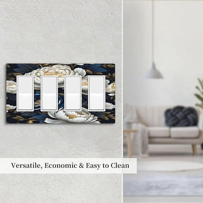 White Gold Blue Flower Light Switch Cover 4 Gang Rocker Decora Outlet Covers Wall Plate Decorative Switchplate Electrical Faceplate GFCI for Farmhouse Living Bedroom Decor