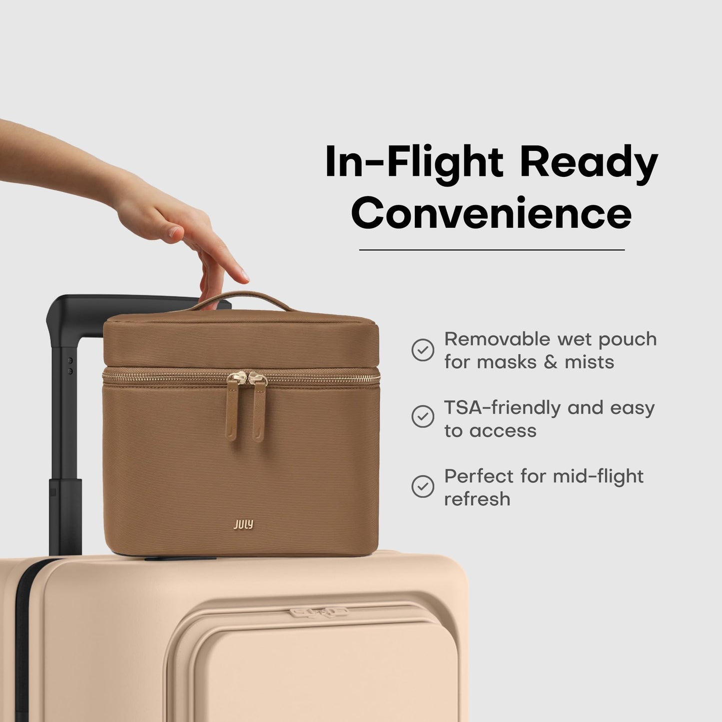 July Vanity Cosmetic Case - Stylish Travel Makeup Bag for Women with Removable Wet Pouch, Upright Bottle Design, Clear Top Pocket, Leather Handle, Travel Essentials, Toiletry Organizer - Light Brown
