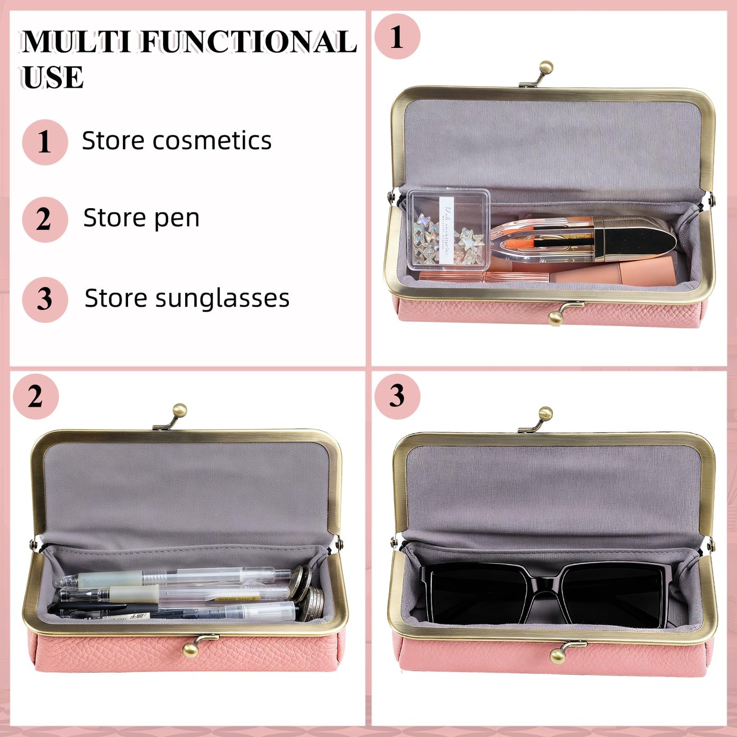 LIYAZHIL Leather Sunglasses Case, Soft Glasses Bag with Kiss Lock Vintage Eyewear Storage for Men and Women (Pink)