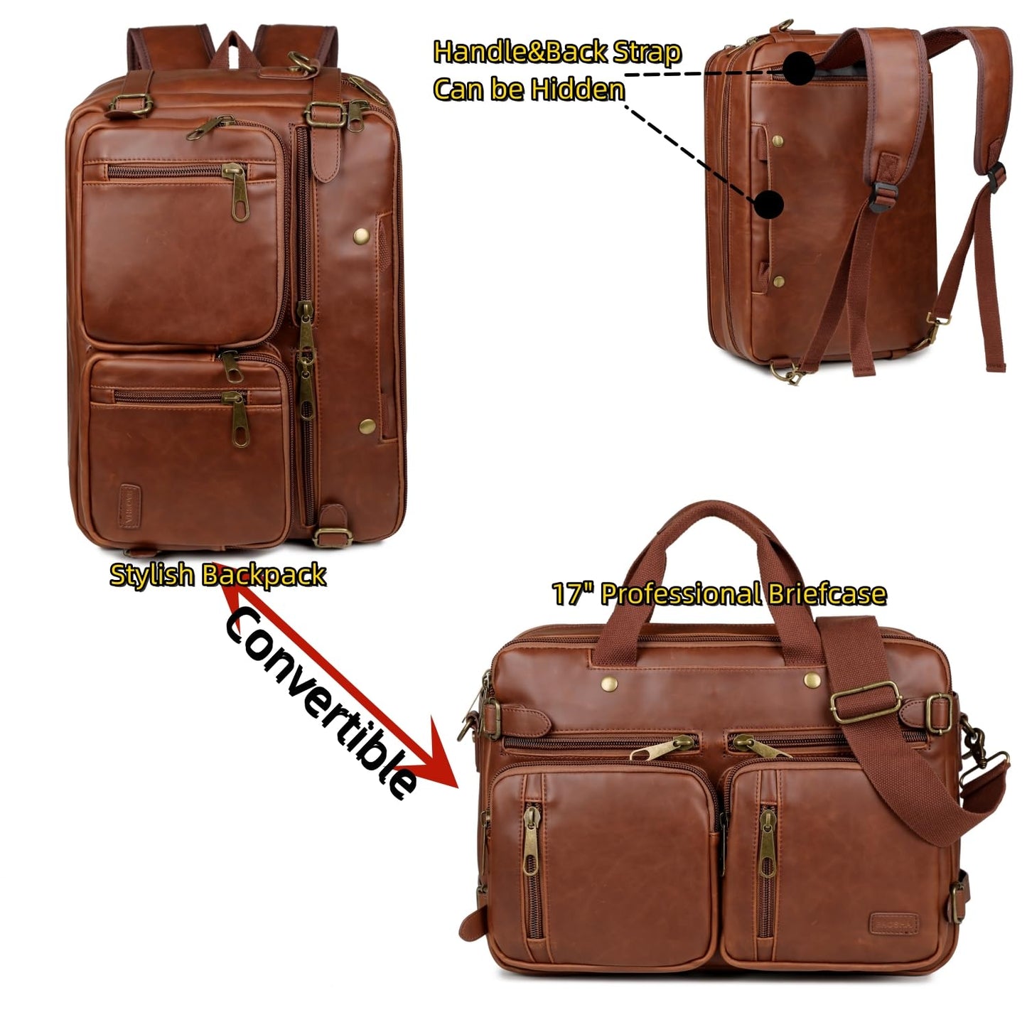 Baosha Leather Laptop Briefcase Backpack Hybrid Large 17 inch Laptop bag Travel Carry on Backpack Vintage for Men HB-22 (Brown)