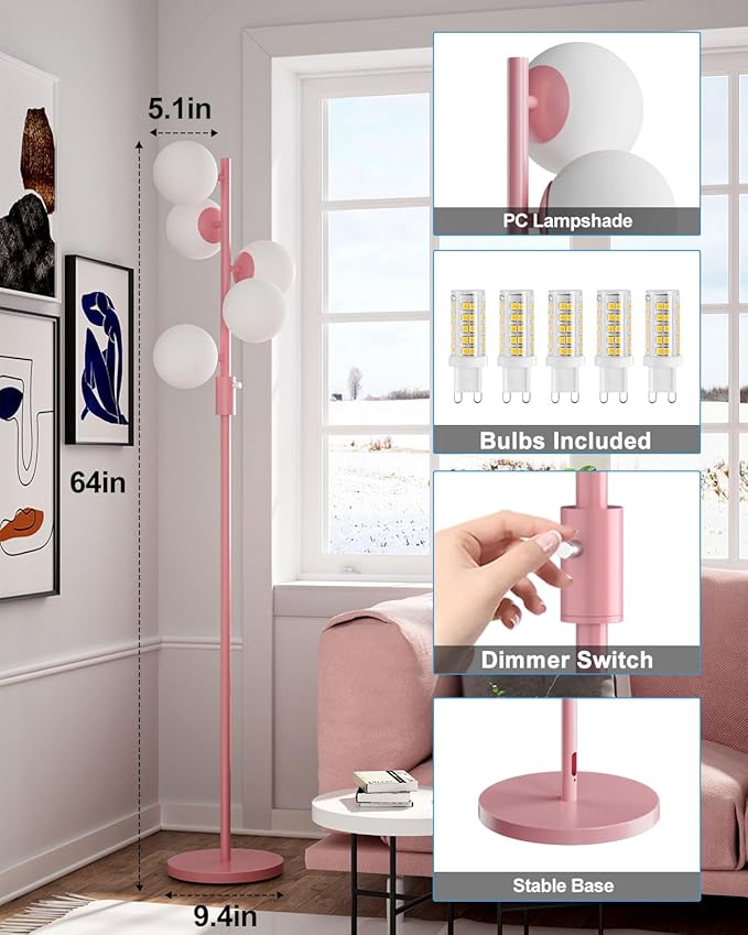 Lightdot Gold Floor Lamp Dimmable (Brightness Adjustable) Globe Retro Standing Lamps with 5PCS 3000K G9 Bulbs, Mid Century Modern Floor Lamp for Living Room Bedroom Home Office