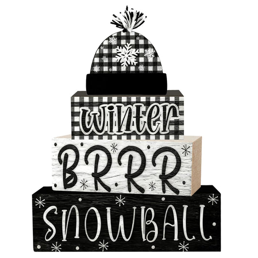 4 Pcs Christmas Decorations Indoor - Wooden Snowball Table Decoration for Home - Christmas Centerpiece For Table - Winter Tiered Tray Decor Rustic Farmhouse Xmas Gift for Home Kitchen Mantel