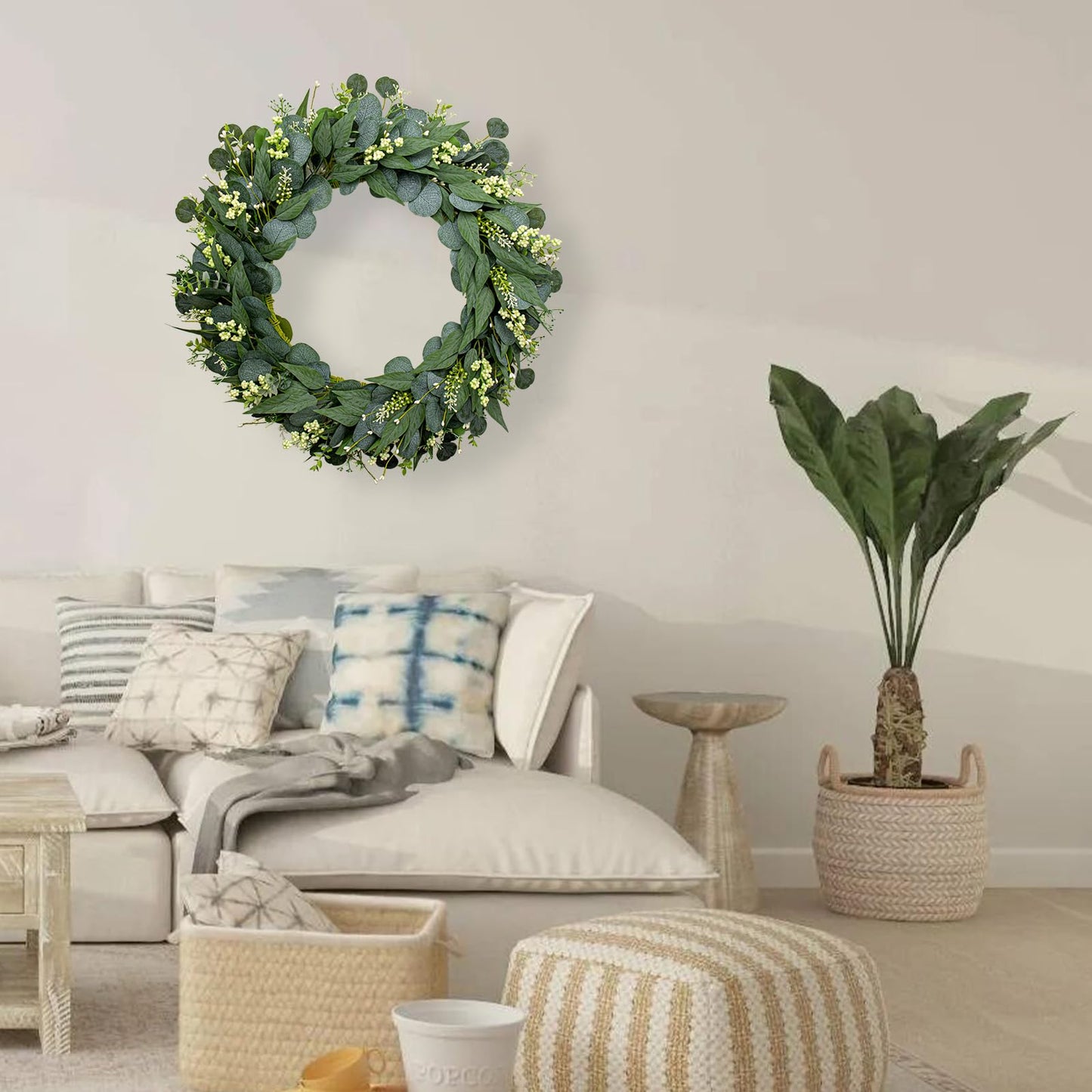 JINGHONG Green Eucalyptus Wreath 26 Inch Greenery Wreaths for Front Door Artificial Spring Summer Wreath with Green Eucalyptus Leaf for All Seasons Home Farmhouse Wall Porch Decor