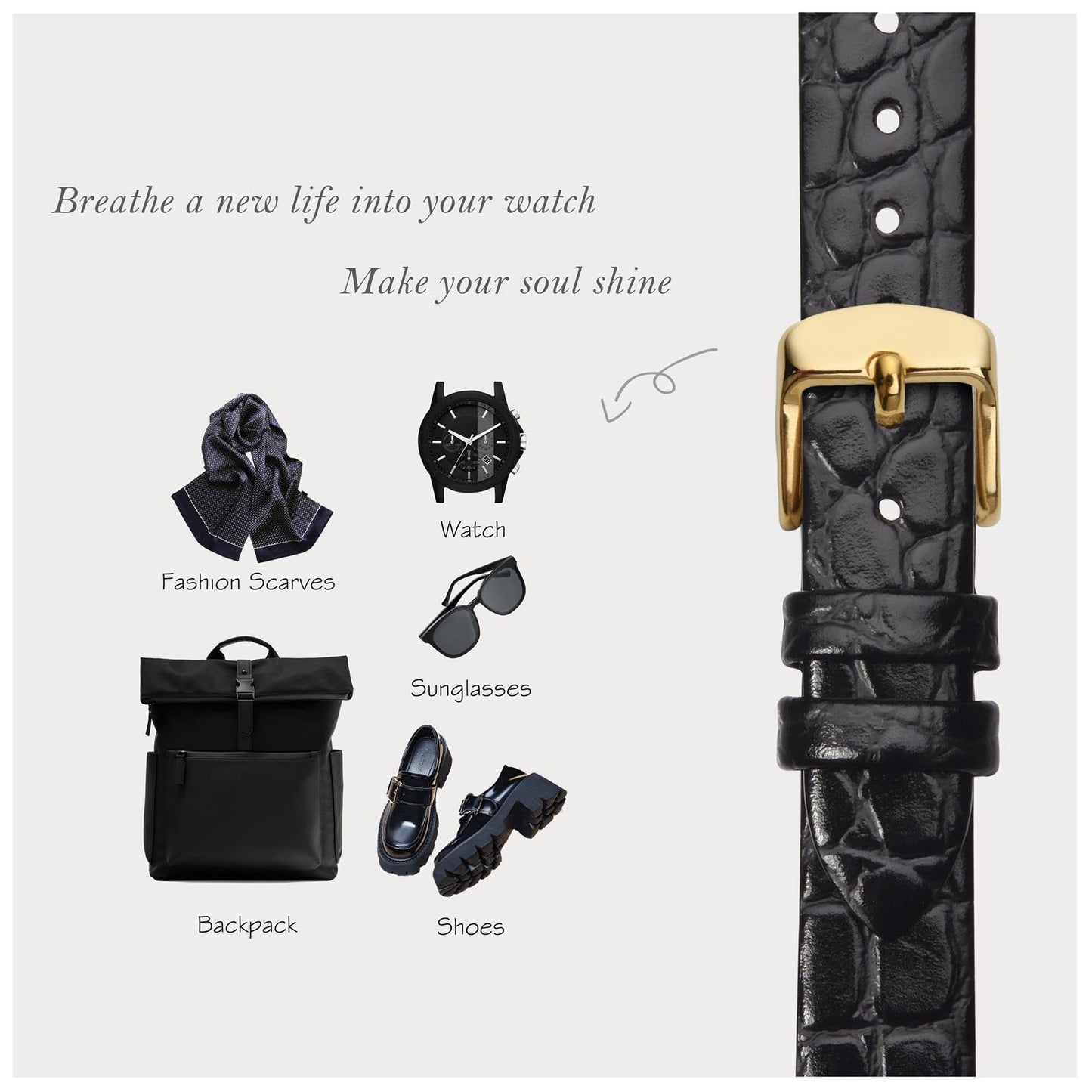 BISONSTRAP Watch Straps for Women, Crocodile Pattern Leather Thin Watch Replacement Bands,8mm, Black with Gold Buckle