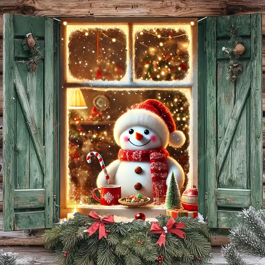 Tomhong Christmas Snowman Window Banner 31x47 Inch Holiday Decoration Cozy Indoor Outdoor Home Wall or Window Display with Snowy Scene and Warm Lights
