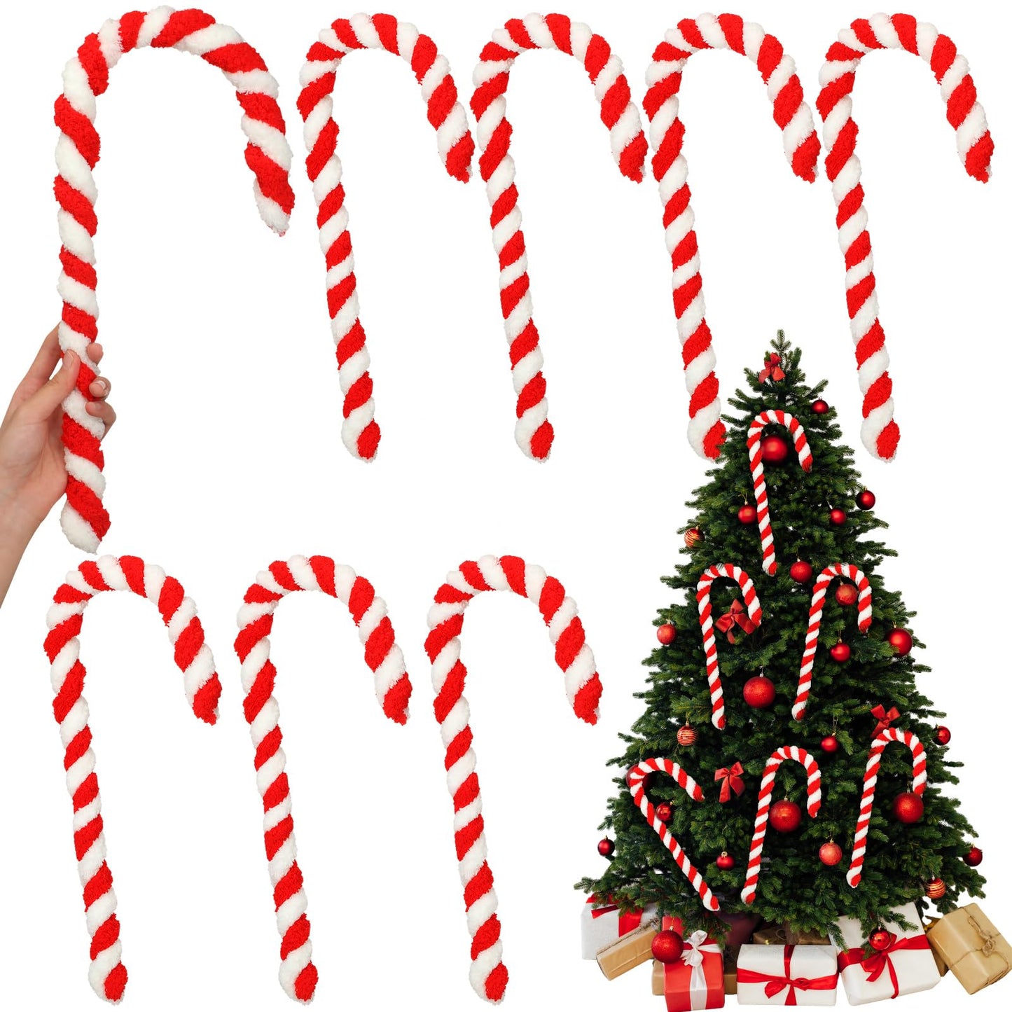Leinuosen 8 Pcs 16'' Christmas Giant Candy Cane Ornaments Large Red and White Woolen Candy Cane Tree Decor Peppermint Stick Christmas Hanging Decorations for Xmas Holiday Party Supplies DIY Crafts