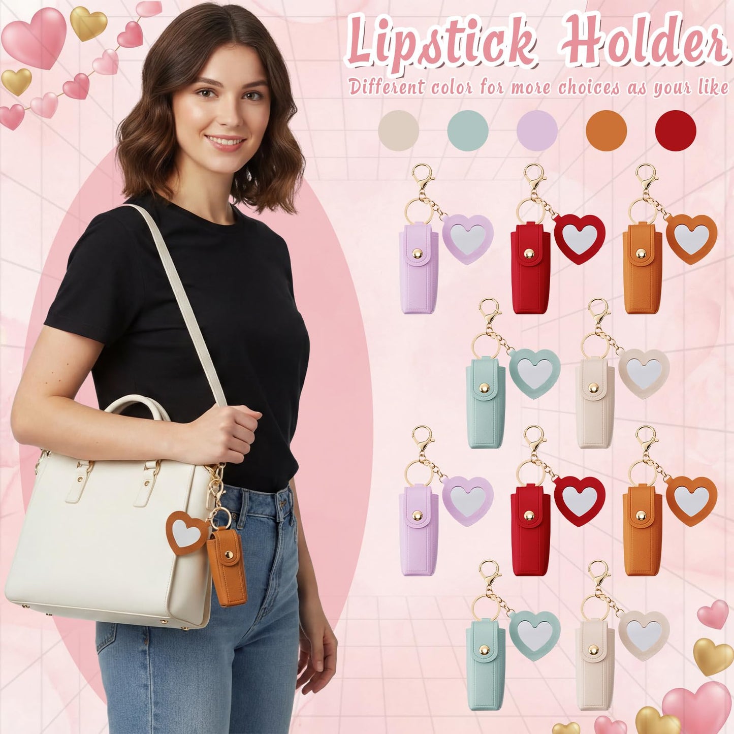 Syhood 10 Pcs Lipstick Holder Keychain Gift PU Portable Holder Gift with Heart Mirror Waterproof Makeup Lipstick Bag Key Pockets Zipper Pouch Card for Mothers Day Pouch(Novel)