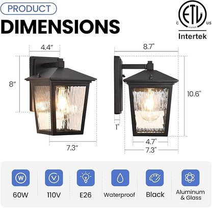 Outdoor Wall Light, Exterior Waterproof Wall Sconce in Black, Anti-Rust Outdoor Light Fixture with Water Glass, Modern Outdoor Wall Lantern for House Balcony Entryway Garage