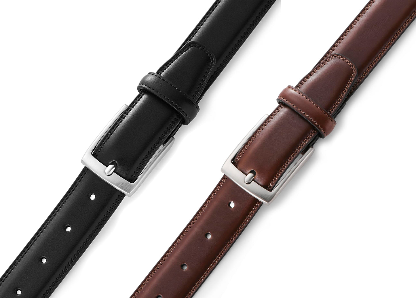 MILORDE Men's Leather Dress Belt 2Pack, Handmade, 100% Cow Leather, Fashion & Classic Designs for Work Business and Casual (2pack-Black101/Brown103,44)