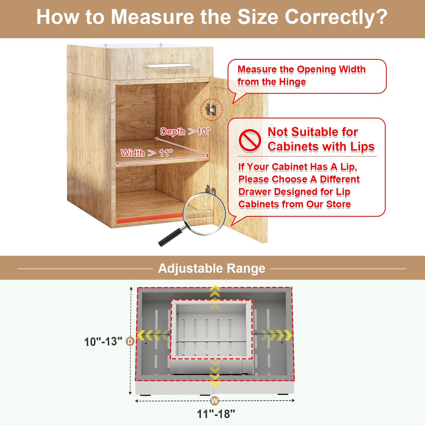 Fokyfok Pull out Cabinet Organizer,Width (11"-18") and Depth (10"-13") Expandable,No Drill Adjustable Slide out Drawers for Pantry,Adhesive Roll out Shelves Short,for upper cabinet,White