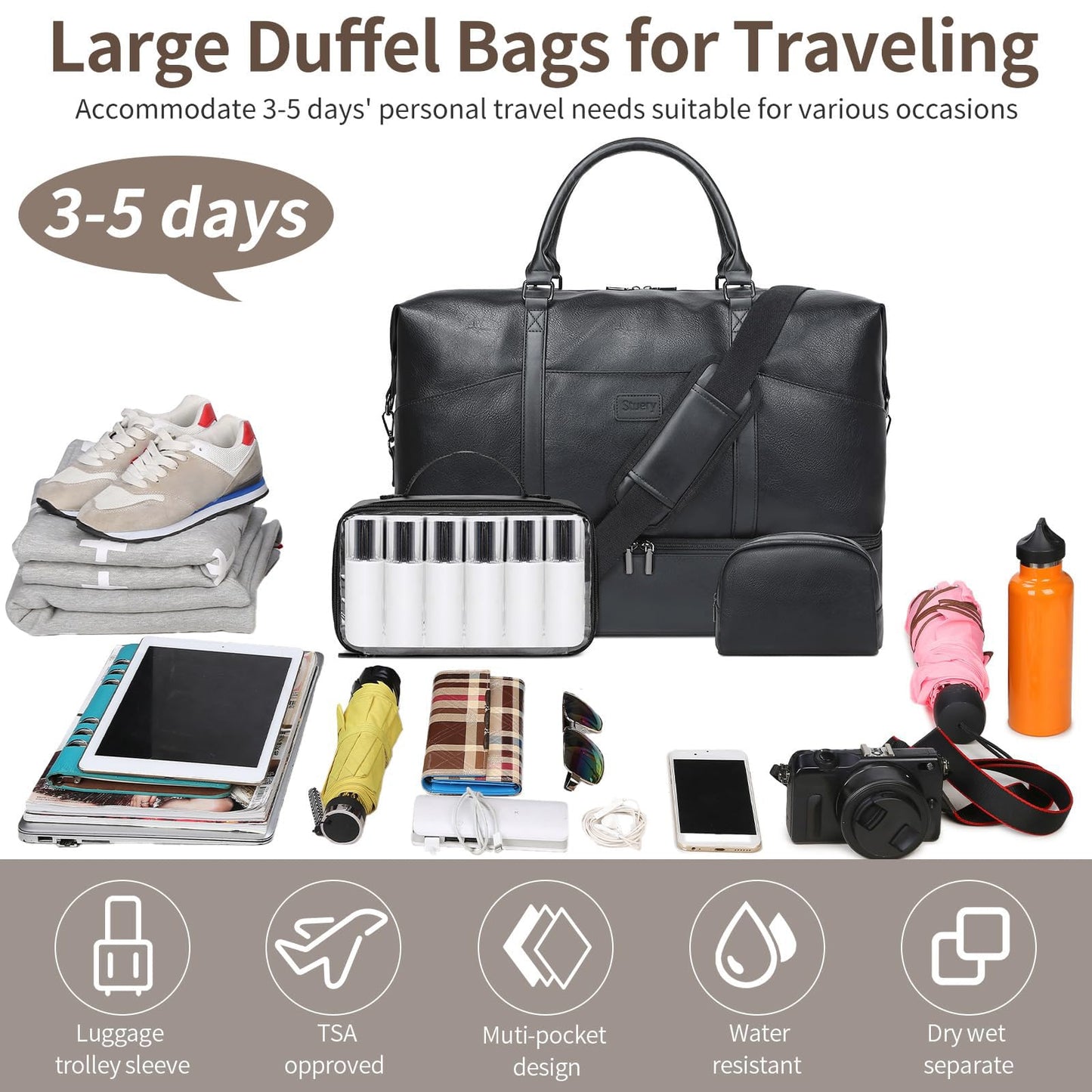 Faux Leather Weekender Bags for Women: Large Overnight Bags Travel Duffel Bag Carry On Shoulder Weekend Tote with Shoe & Laptop Compartment & Toiletry Bags for Airplane Traveling Gym