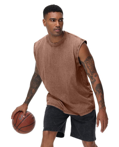SnowElve 4 Pack Mens Workout Tank Tops Sleeveless Tee Shirts Men Muscle Shirt Gym Acid Wash T Shirts Running Beach Loose Fit Tee(BKGYCFAG,2XL)