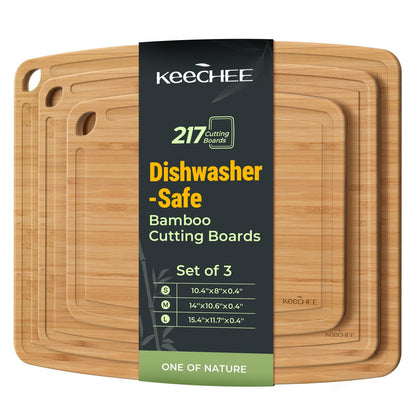 Dishwasher Safe Bamboo Cutting Boards Durable Lightweight Wood Cutting Board for Busy Kitchen, Easy Clean Wooden Chopping Boards with Juice Groove Set of 3 (L+M+S)