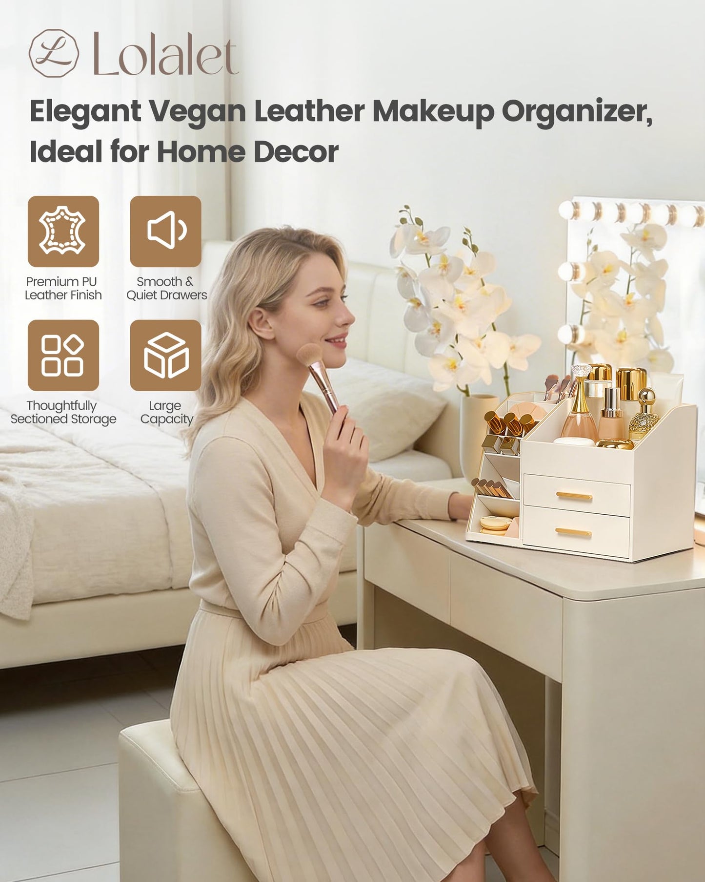 Lolalet Makeup Organizer Countertop with Drawers, Easy to Clean PU Leather Storage Box, 3-Layer Cosmetic Holder for Skincare, Lipstick, Perfume & Brush, Display Case for Vanity Dresser Bathroom -Cream