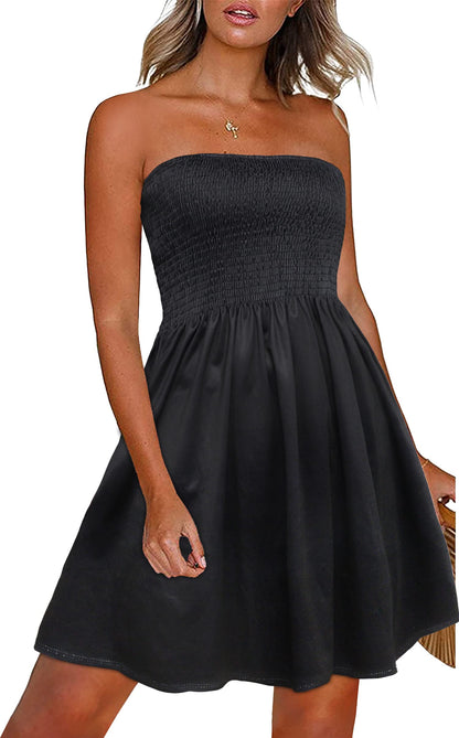 CHICGAL Womens Summer Sun Dress Casual Beach Strapless Cover ups Wedding Guest Dresses Tube Sundress (Black,M)