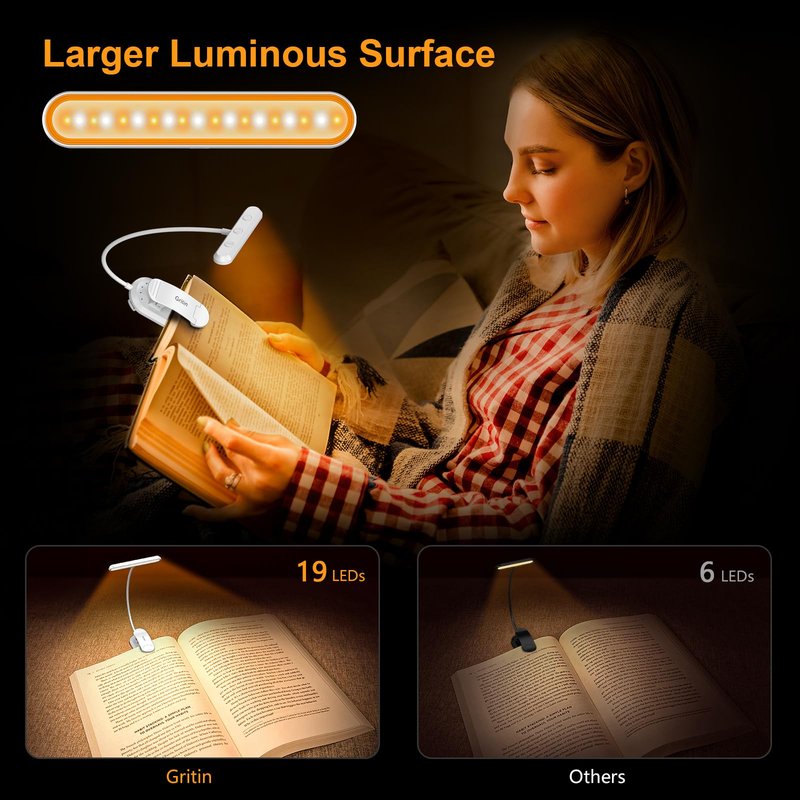 Gritin Rechargeable Book Light for Reading in Bed with 19 LED &Memory Function-Eye Caring 3 Color Temperatures,5 Brightness Levels,90 Hrs Runtime Flexible Goose Neck Clip on Light-White