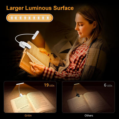 Gritin Rechargeable Book Light for Reading in Bed with 19 LED &Memory Function-Eye Caring 3 Color Temperatures,5 Brightness Levels,90 Hrs Runtime Flexible Goose Neck Clip on Light-White