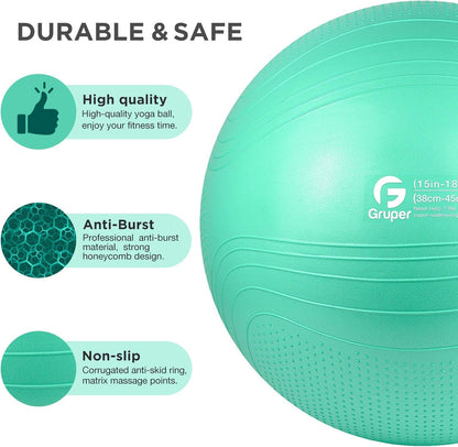 Gruper Yoga Ball, Multiple Sizes Non Slip Exercise Ball for Workout, Birthing, Balance, Stability, Pregnancy, 2200LB Capacity, Anti Burst Chair for Home and Office, Includes Quick Pump & Fitness Guide