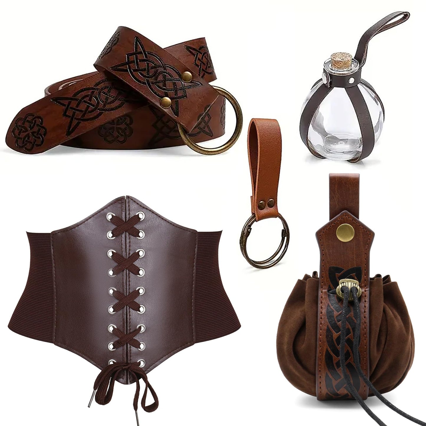 A ANGG Renaissance Belt, 5 Pcs Renaissance Accessories Women Medieval Belt Potion Bottle Corset Pouch Skirt Hike, Halloween Cosplay Costume Accessories（S Brown