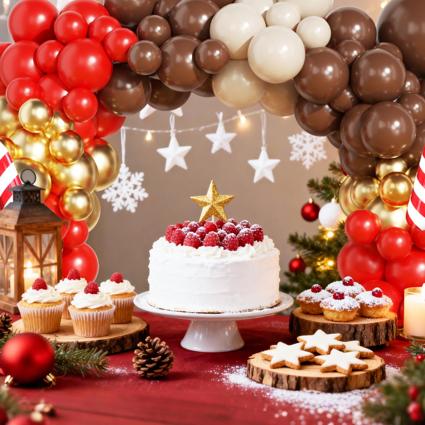 Christmas Reindeer Balloon Arch Garland Kit with 136Pcs Red Brown Sand White Gold Balloons Candy Cane Foil Balloon for Woodland Xmas Winter New Year Party Decorations
