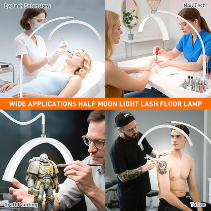 KIRKAS Lash Light Half Moon Lamp with Tool Tray, Flexible Gooseneck Lash Nail Tech for Esthetician Eyelash Extension, Tattoo, 18 Inch LED Floor Lamp with Roller Base Adjustable Brightness Color-White