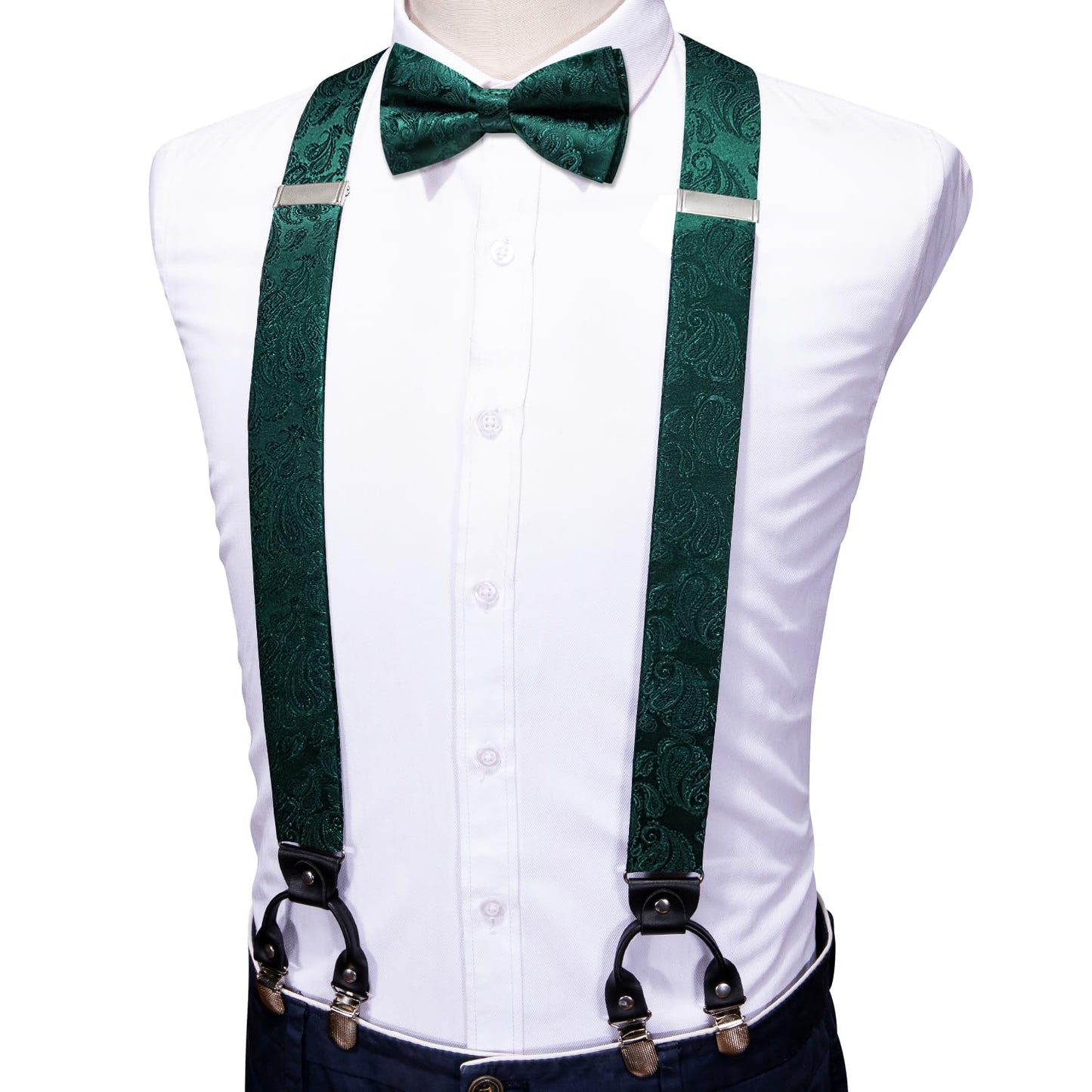 YOHOWA Mens Green Suspenders Bowtie Set Paisley Suspender 6 Strong Clips Adjustable Y-Back Woven Brace Formal Wedding Party Tuxedo