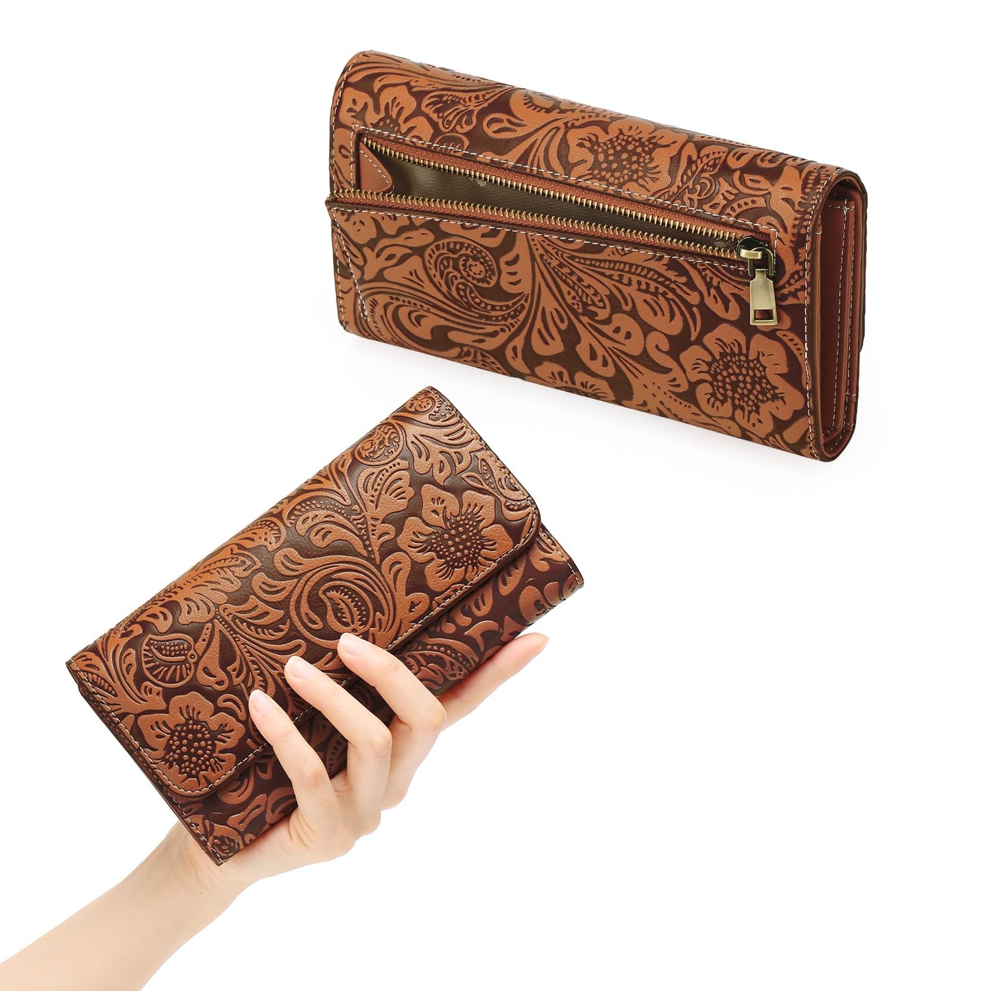 GOIACII Women's Wallet RFID Blocking Long Clutch Ladies Purse Vegan Leather Embossed Flower Brown