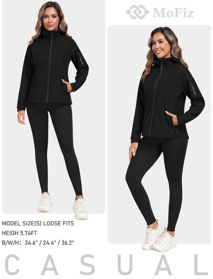 MoFiz Women's Softshell Jacket Fleece Lined Warm Jacket Lightweight Hooded Windproof Coat for Outdoor Hiking Black L