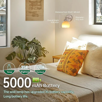 Vintage 5000 mAh Battery Operated Wall Sconce with Cream Tulip Glass Lampshade Rechargeable Battery Powered Wall Light with Remote Control for Bedroom Doorway, Set of 2