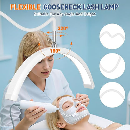 KIRKAS Lash Light Half Moon Lamp with Tool Tray, Flexible Gooseneck Lash Nail Tech for Esthetician Eyelash Extension, Tattoo, 18 Inch LED Floor Lamp with Roller Base Adjustable Brightness Color-White