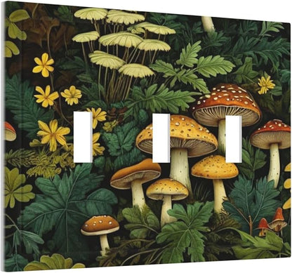 Mushrooms Forest Nature Botanical Art Light Switch Covers 3 Gang Triple Toggle Wall Plate Decorative Switchplate Electrical Faceplate for Farmhouse Living Decor