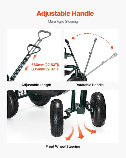 VEVOR Rolling Garden Seat with Wheels, Gardening Stool with Height Adjustable & 360°Swivel Seat, Ergonomic Backrest & Tool Storage, 400lbs Weight Capacity, Garden Scooter Wagon Cart for Yard, Patio