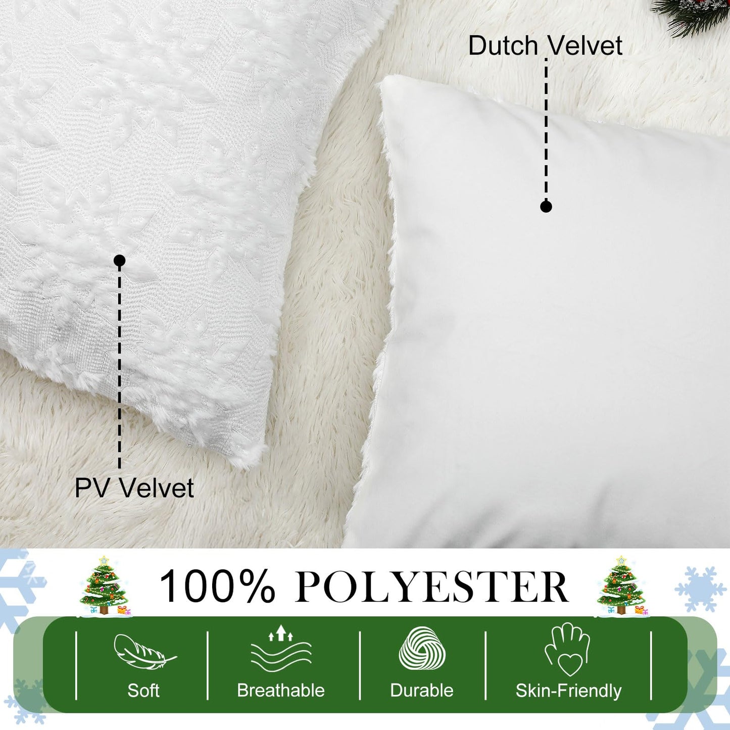 Tudomro 4 Pcs Snowflake Throw Pillow Covers White Winter Pillowcase 3D Embroidered Soft Plush Faux Fur Pillow Covers Winter Modern Home Decorative for Sofa Couch Bed(18 x 18 Inches)