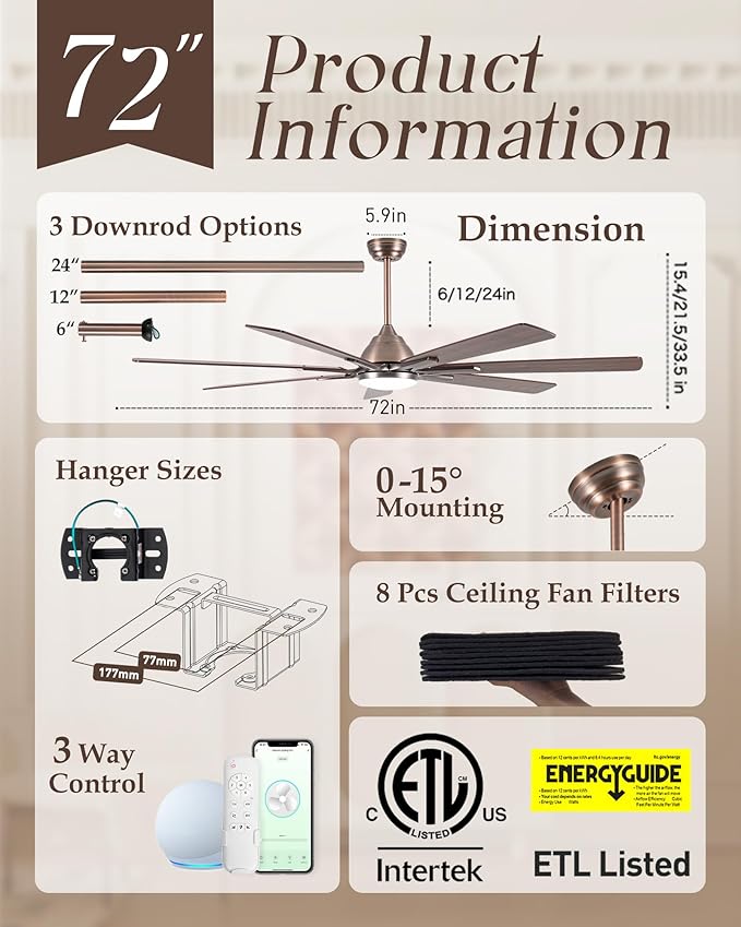 72" Oil Rubbed Bronze Smart Ceiling Fan with Light via WiFi Alexa,6-Speeds Quiet DC Motor,Dimmable,Outdoor Antique Bronze Large Ceiling Fan for Living Room,Patio,Dual Finish 7 Blades