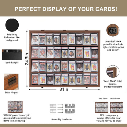VERANI Baseball Card Display Case - 36 Graded Sports Card Display Frame - Holds Sport Cards with UV Protection Clear View Lockable Wall Cabinet for Football Basketball Hockey Trading Card, Walnut