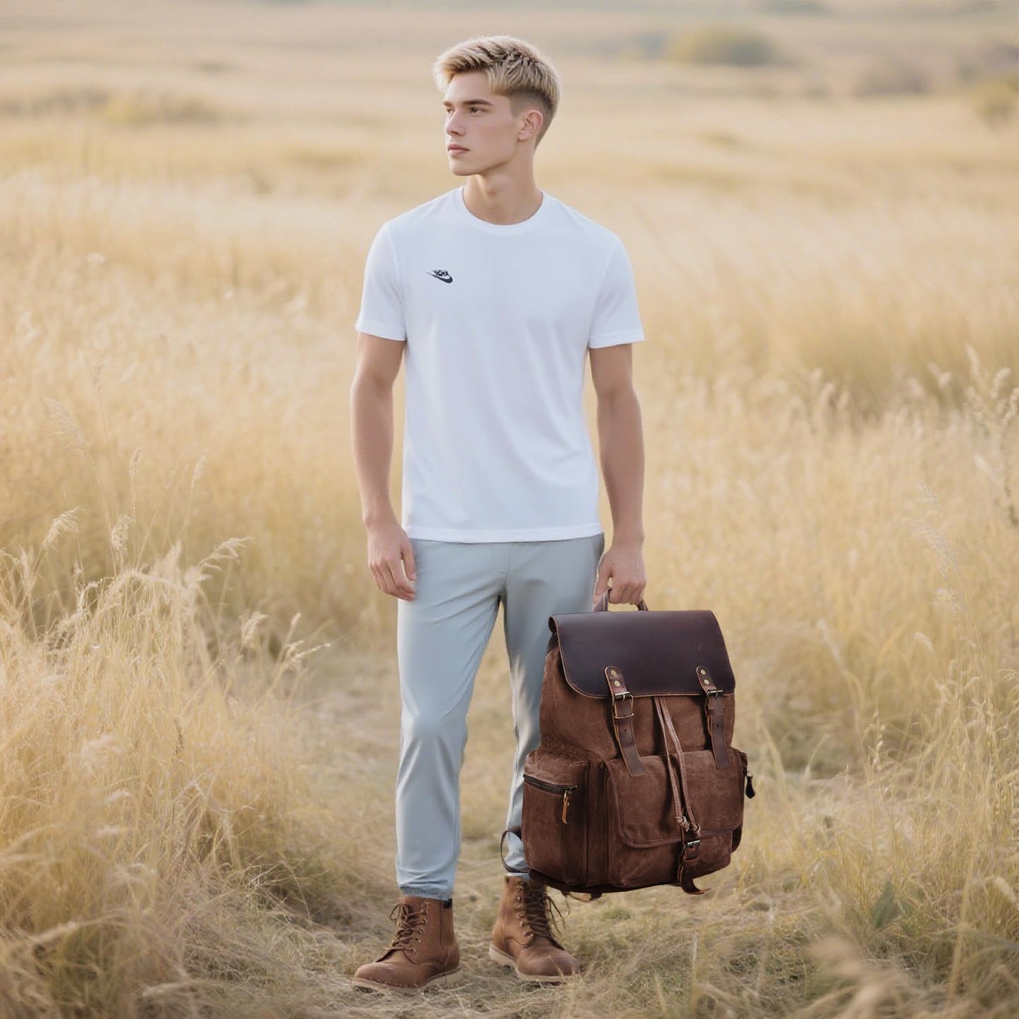 NEHOR Vintage Waxed Canvas Backpack Casual Genuine Leather Laptop Rucksack Shoulder DayPack for Travel/Hiking/School