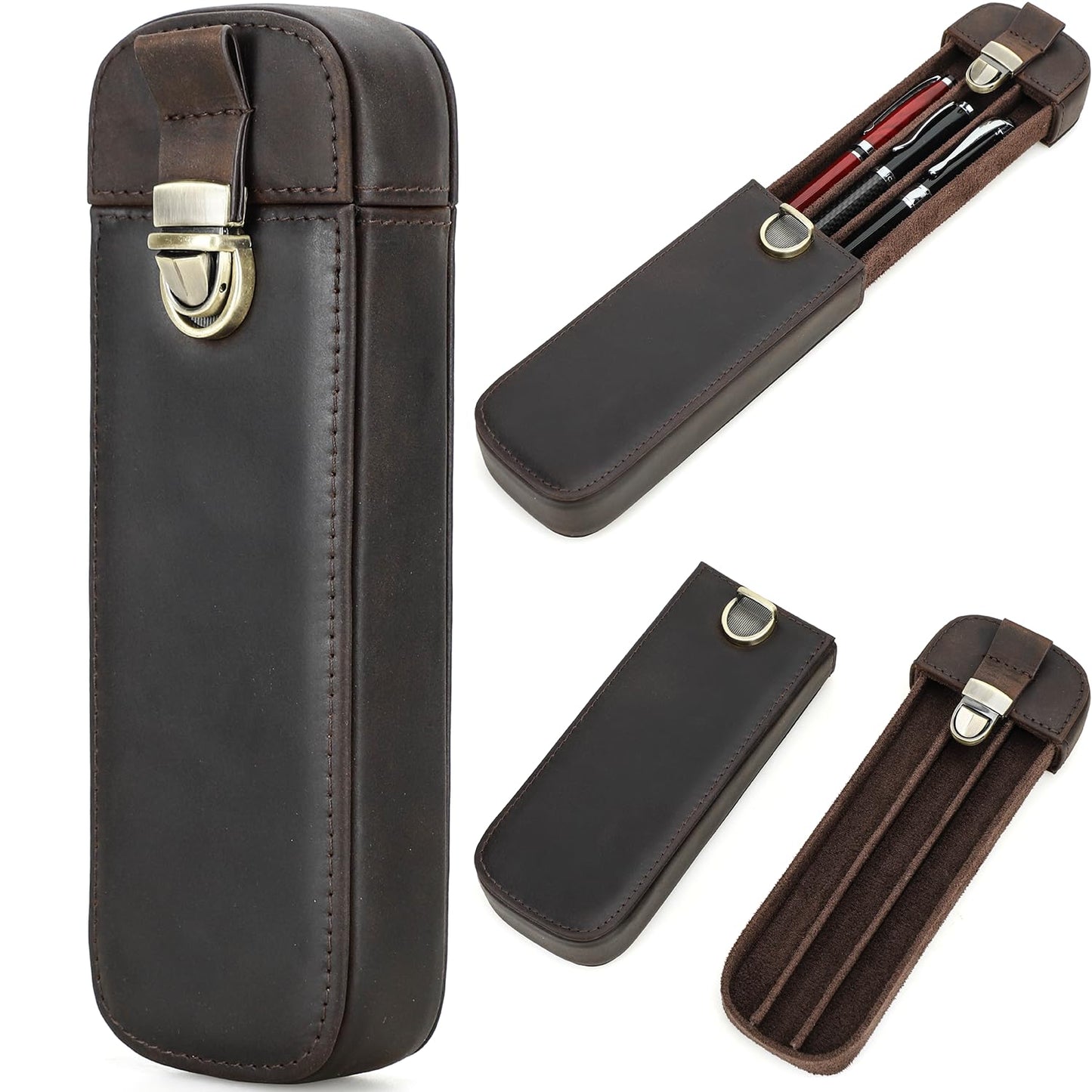 CataPurus Top Grain Genuine Leather 3 Fountain Pen/Pencil Tray Case Holder, Handmade Minimalist Design, Brass Plug-in Lock with Drawer Design, Gift Choice for Man/Woman/Office, Matte Coffee, 3 Slots