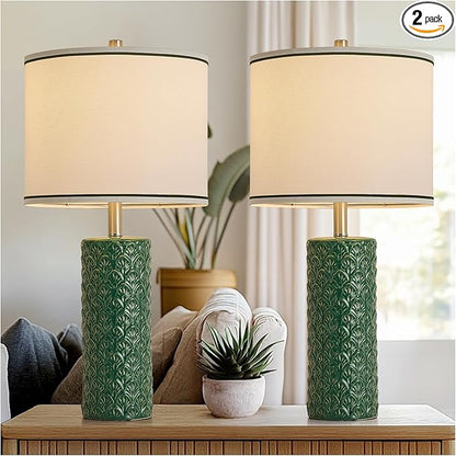 27" Farmhouse Bedside Table Lamp Set of 2, Green Modern Ceramic Lamps for Living Room, 3 Color Temperature Rustic Table Lamps for Bedroom, Night Stands, Dorm,Office, Home Décor (Bulb Included)