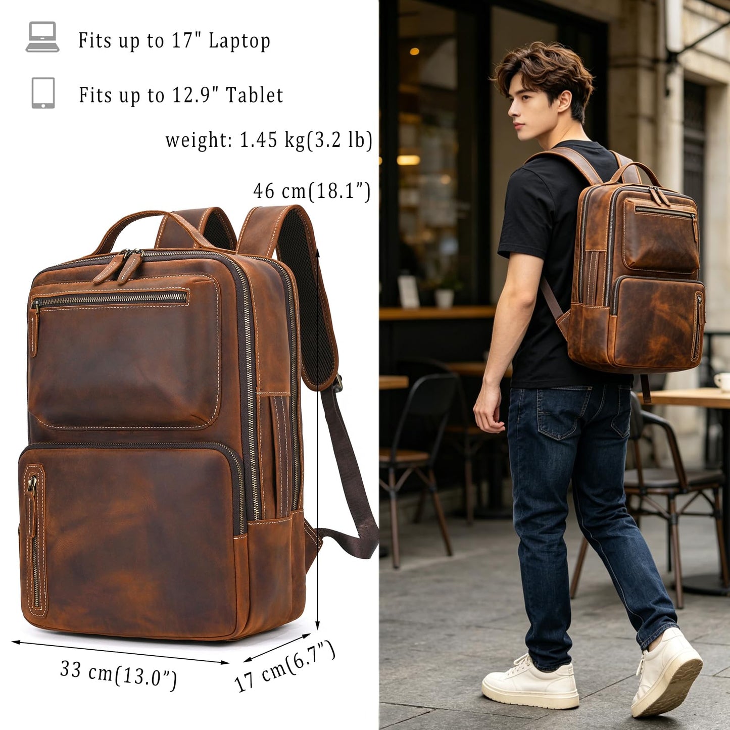 JulBean Full Grain Leather 15.6 Laptop Backpack for Men Work Commute Casual Daypack