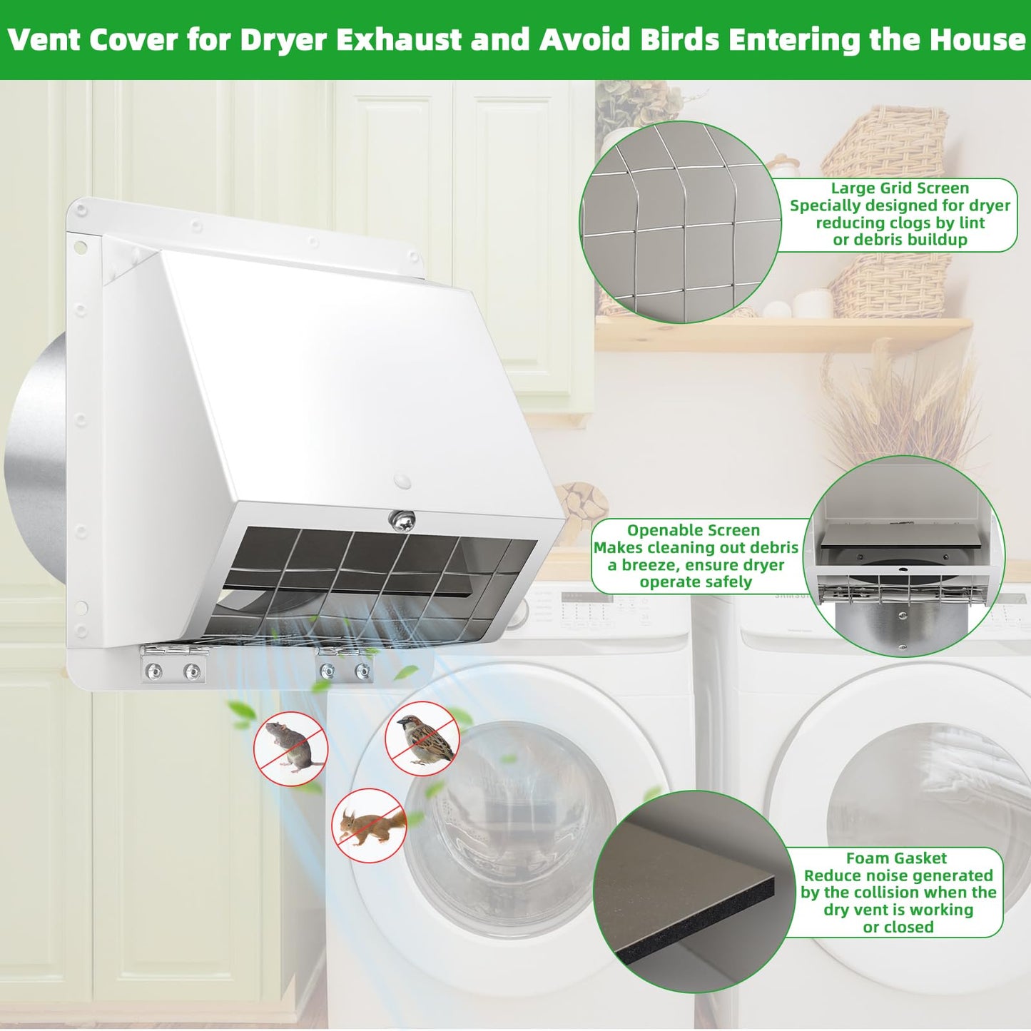 4 Inch Dryer Vent Cover Outside with Mesh, Wall Vent Exhaust Vent Cover Wall Mount Extractor Vent with Flap, Exterior Vent Cover Cap Outdoor Dryer Vent Cover for Dryer Ducting House AC,White