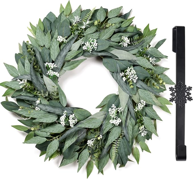 24" Wreaths Front Door Artificial Spring Wreath - Artificial Floral Lush Summer Wreath with A Hook & DIY Decor Green Year-Round Indoor Outdoor for Wall, Home, Wedding, Party, Christmas (Green)